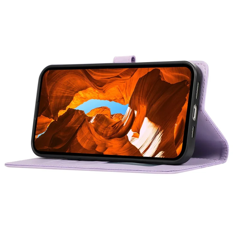 R20 voor iPhone 15 Plus hoesje met ruitmotief in gelamineerd lederen portemonnee-ontwerp - Paars