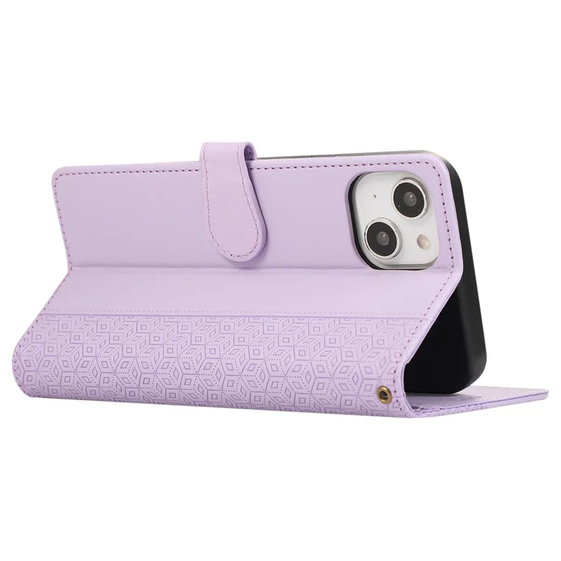 R20 voor iPhone 15 Plus hoesje met ruitmotief in gelamineerd lederen portemonnee-ontwerp - Paars