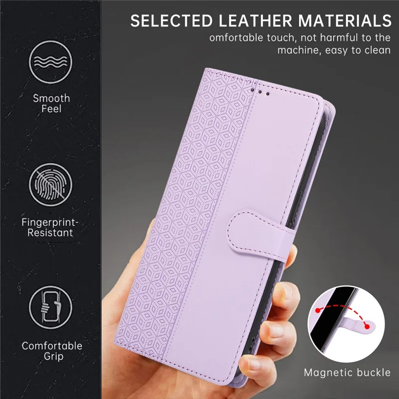 R20 voor iPhone 15 Plus hoesje met ruitmotief in gelamineerd lederen portemonnee-ontwerp - Paars