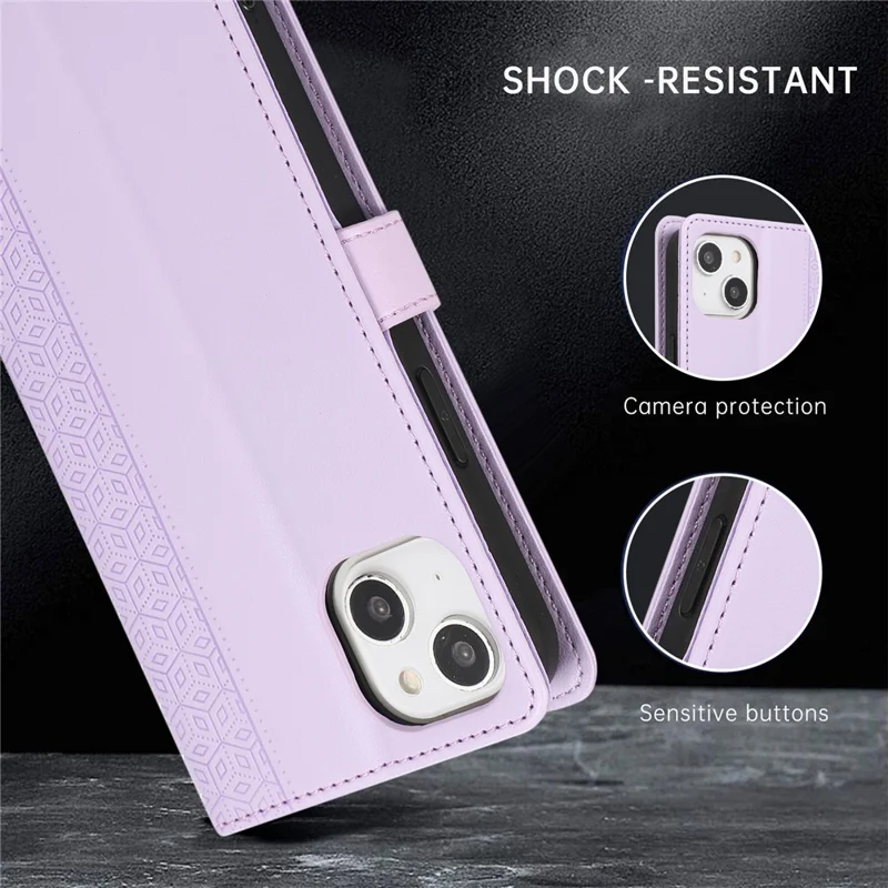 R20 voor iPhone 15 Plus hoesje met ruitmotief in gelamineerd lederen portemonnee-ontwerp - Paars