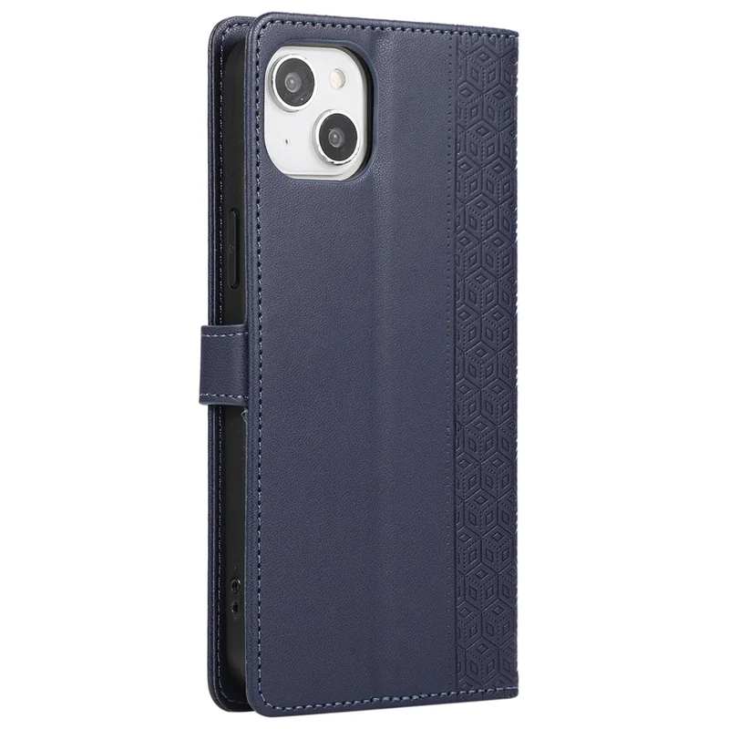 R20 for iPhone 14 Plus Wallet Case PU Leather Splicing Rhombus Cell Phone Cover - Blue