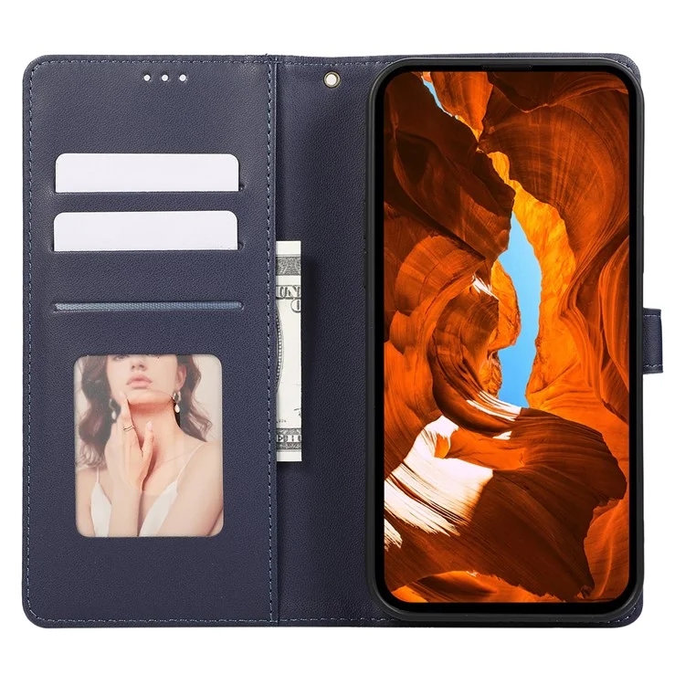 R20 for iPhone 14 Plus Wallet Case PU Leather Splicing Rhombus Cell Phone Cover - Blue