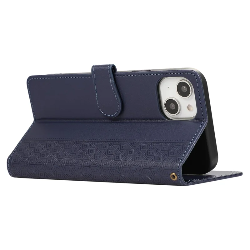 R20 for iPhone 14 Plus Wallet Case PU Leather Splicing Rhombus Cell Phone Cover - Blue