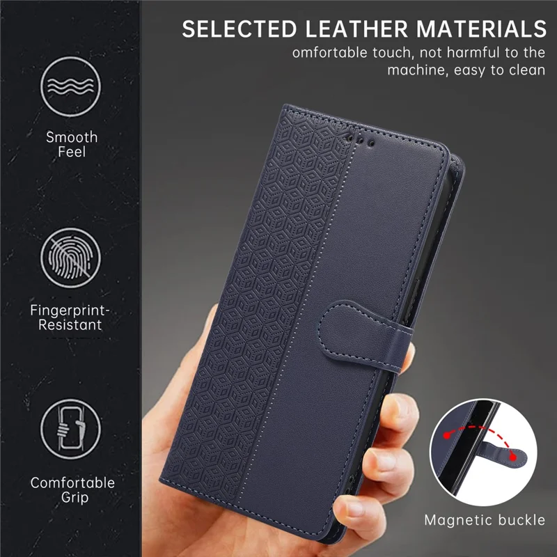 R20 for iPhone 14 Plus Wallet Case PU Leather Splicing Rhombus Cell Phone Cover - Blue