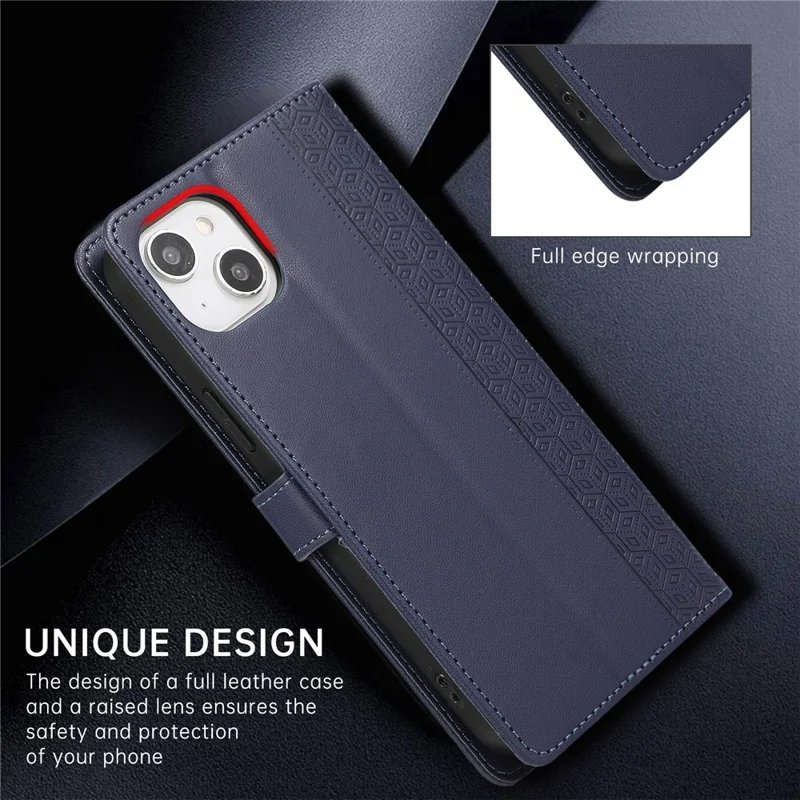 R20 for iPhone 14 Plus Wallet Case PU Leather Splicing Rhombus Cell Phone Cover - Blue