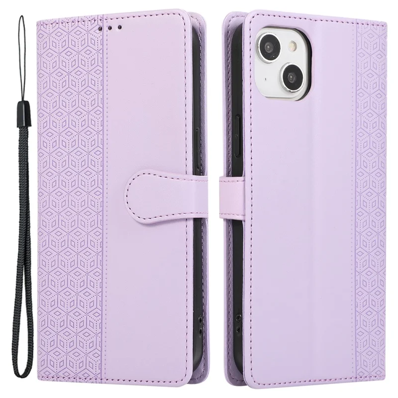 R20 for iPhone 14 Wallet Case Imprinted Rhombus Splicing PU Leather Flip Phone Cover - Purple