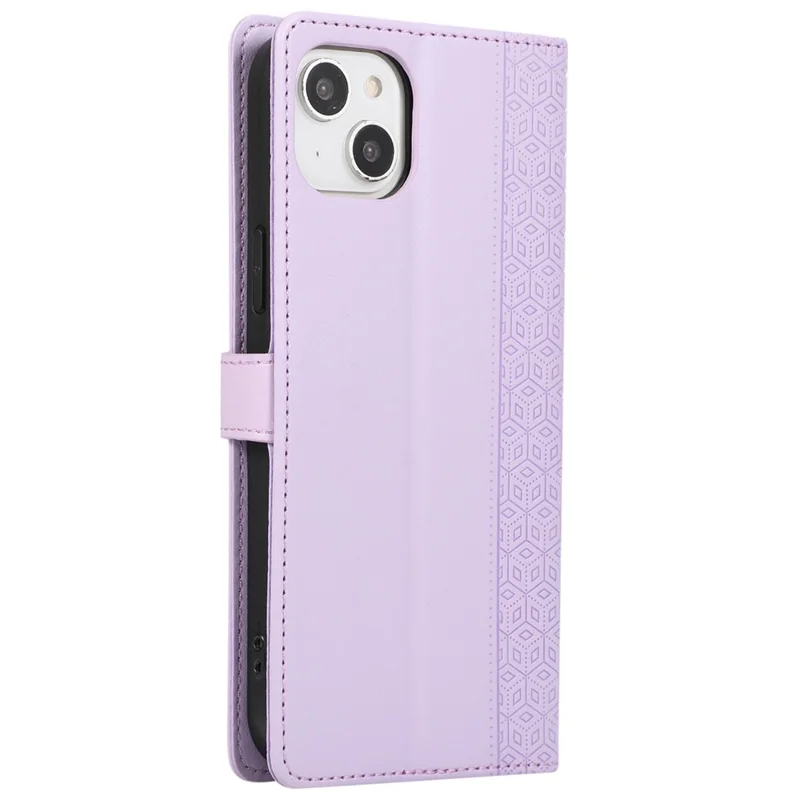 R20 for iPhone 14 Wallet Case Imprinted Rhombus Splicing PU Leather Flip Phone Cover - Purple