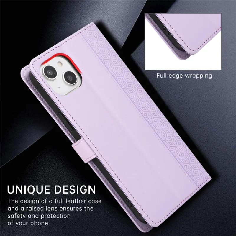 R20 for iPhone 14 Wallet Case Imprinted Rhombus Splicing PU Leather Flip Phone Cover - Purple