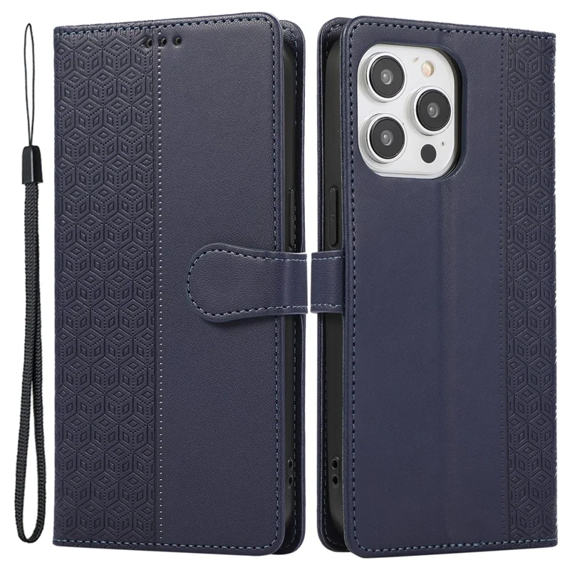 R20 per iPhone 15 Pro Case Splicing Imprinted Rhombus Shockproof Leather Phone Cover - Blu
