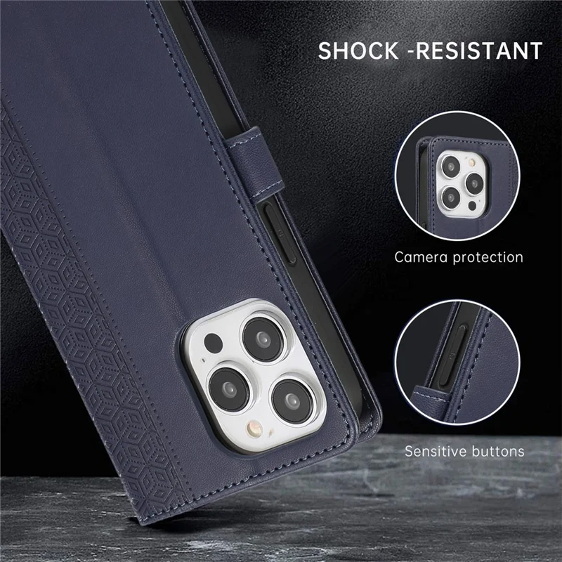 R20 per iPhone 15 Pro Case Splicing Imprinted Rhombus Shockproof Leather Phone Cover - Blu