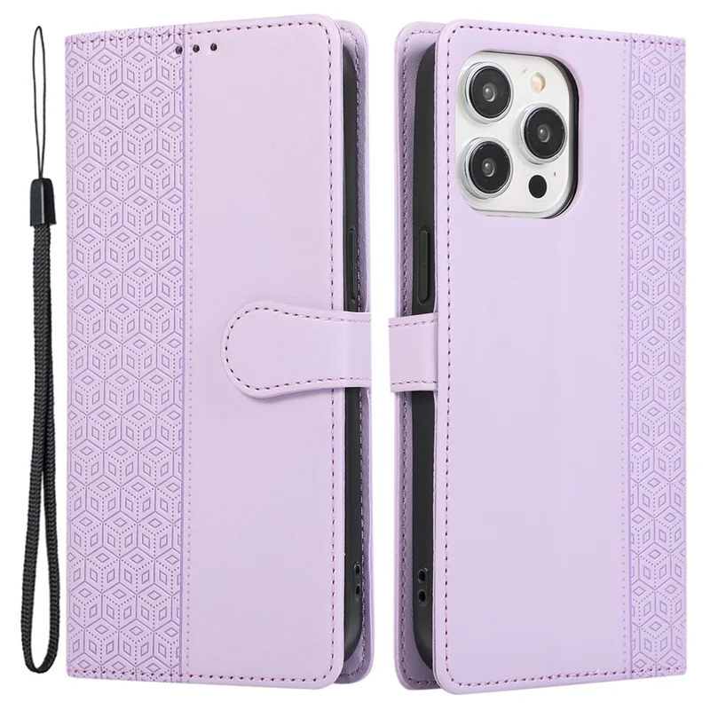 R20 Leather Case for iPhone 15 Pro Max Splicing Imprinted Rhombus Phone Wallet Cover - Purple