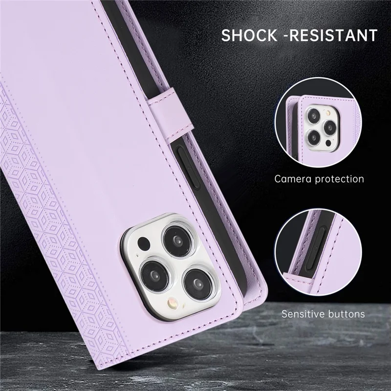 R20 Leather Case for iPhone 15 Pro Max Splicing Imprinted Rhombus Phone Wallet Cover - Purple