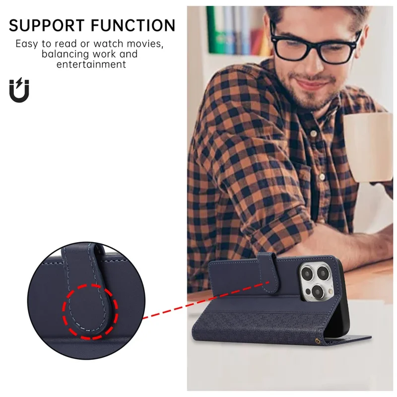 R20 for iPhone 13 Pro 6.1 inch Leather Case Splicing Rhombus Phone Cover with Card Holder - Blue