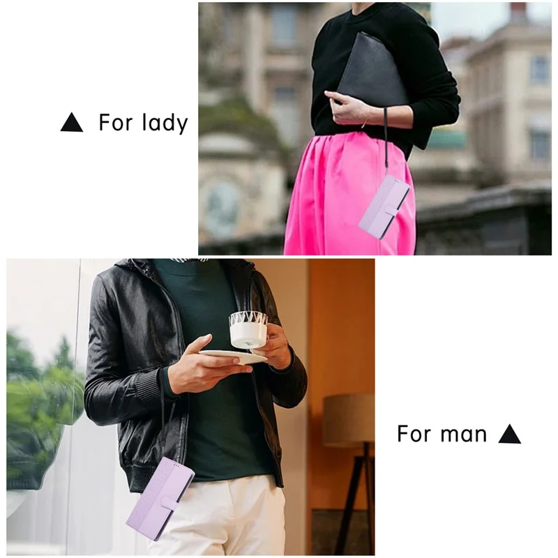 R20 for iPhone 14 Pro Max Case Splicing Imprinted Rhombus Anti-scratch Leather Phone Cover - Purple