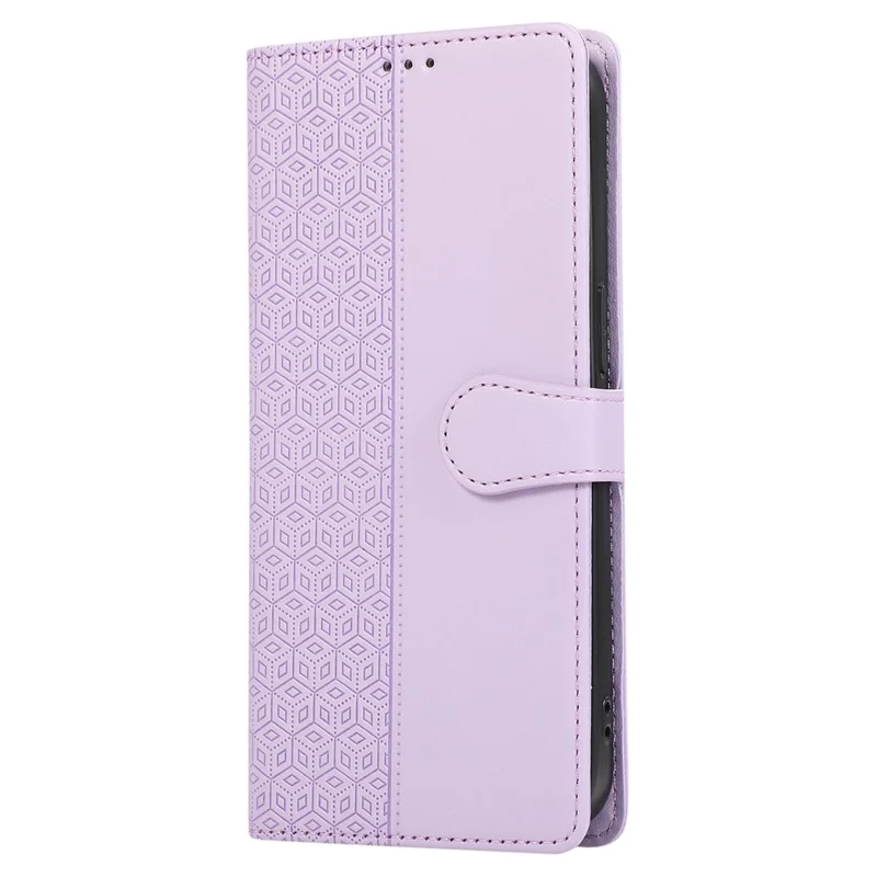 R20 for iPhone 14 Pro Max Case Splicing Imprinted Rhombus Anti-scratch Leather Phone Cover - Purple