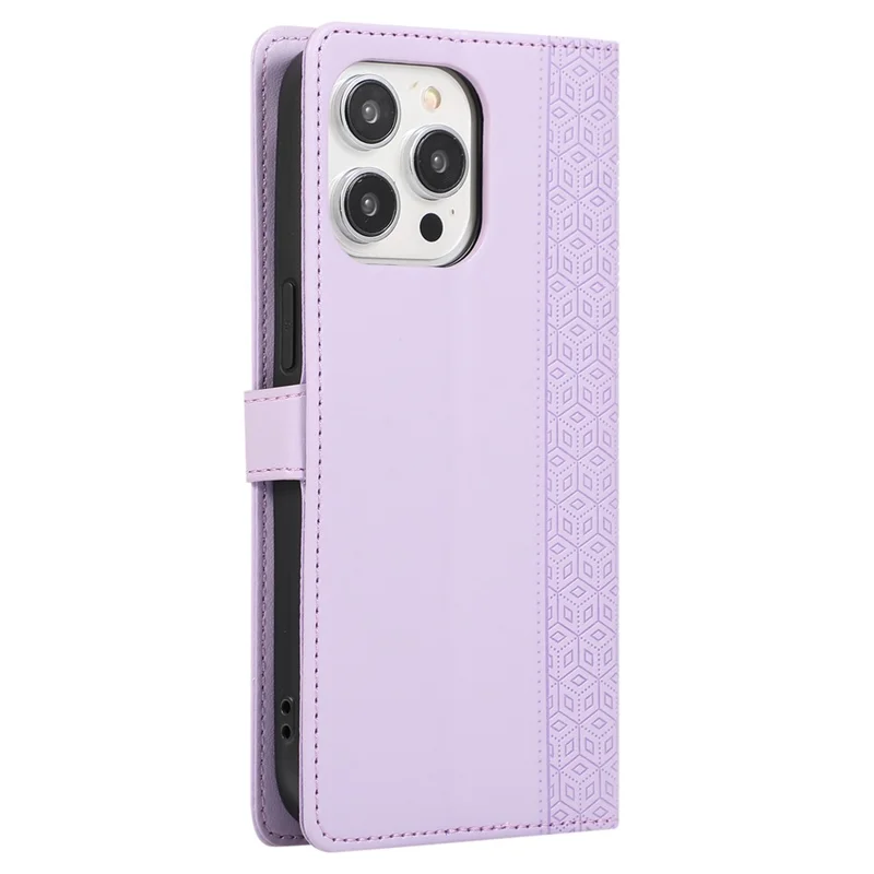 R20 for iPhone 14 Pro Max Case Splicing Imprinted Rhombus Anti-scratch Leather Phone Cover - Purple