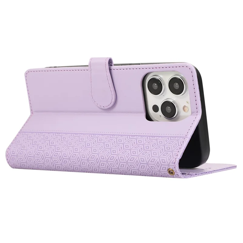 R20 for iPhone 14 Pro Max Case Splicing Imprinted Rhombus Anti-scratch Leather Phone Cover - Purple