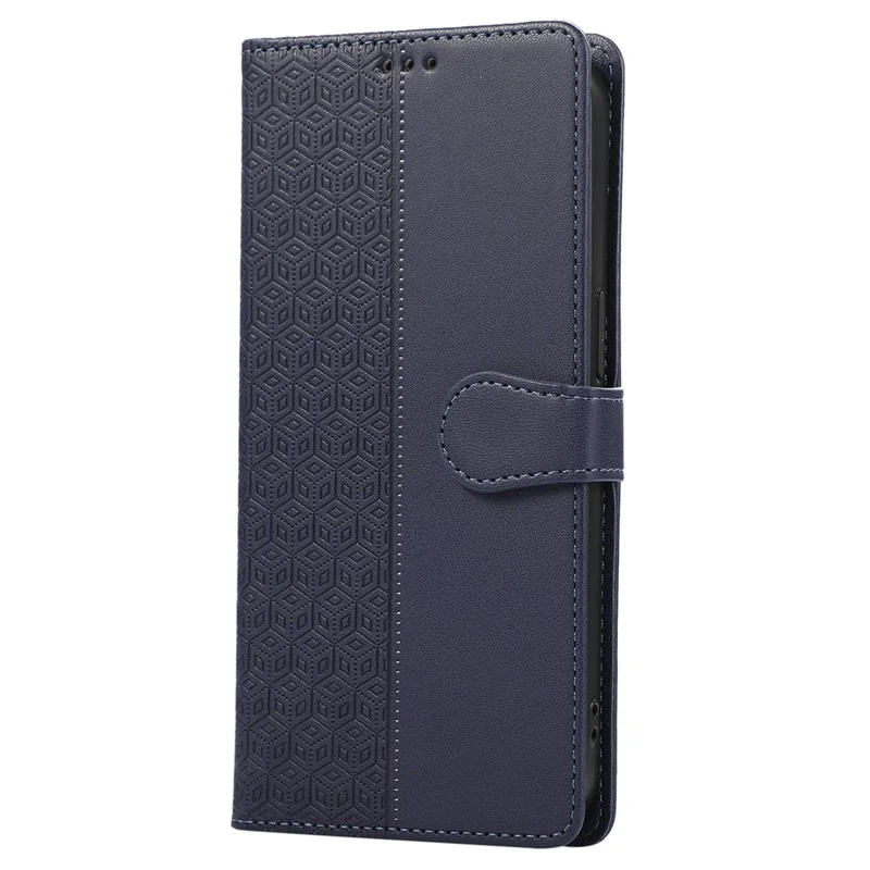 R20 for iPhone 14 Pro Max Case Splicing Imprinted Rhombus Anti-scratch Leather Phone Cover - Blue