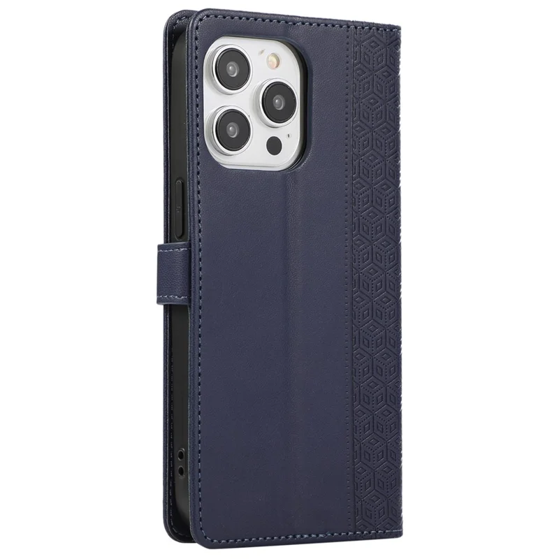 R20 for iPhone 14 Pro Max Case Splicing Imprinted Rhombus Anti-scratch Leather Phone Cover - Blue