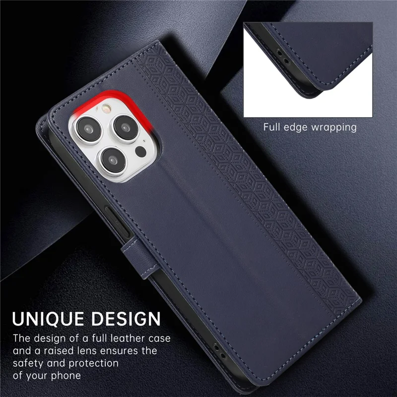 R20 for iPhone 14 Pro Max Case Splicing Imprinted Rhombus Anti-scratch Leather Phone Cover - Blue
