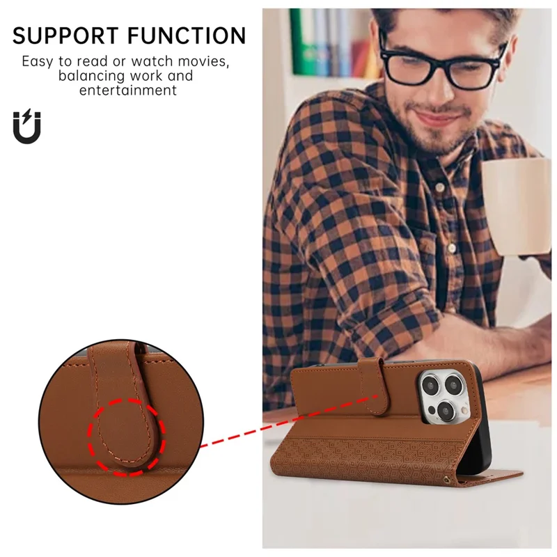 R20 for iPhone 13 Pro Max Leather Case Splicing Imprinted Rhombus Phone Wallet Anti-scratch Cover - Brown