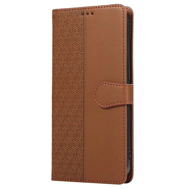 R20 for iPhone 13 Pro Max Leather Case Splicing Imprinted Rhombus Phone Wallet Anti-scratch Cover - Brown
