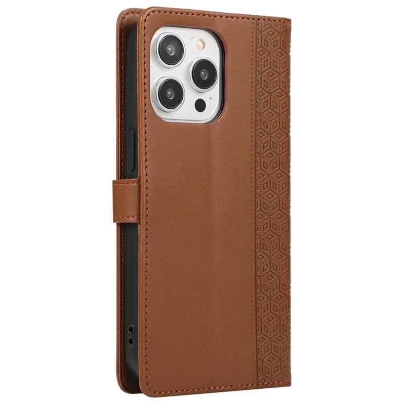 R20 for iPhone 13 Pro Max Leather Case Splicing Imprinted Rhombus Phone Wallet Anti-scratch Cover - Brown