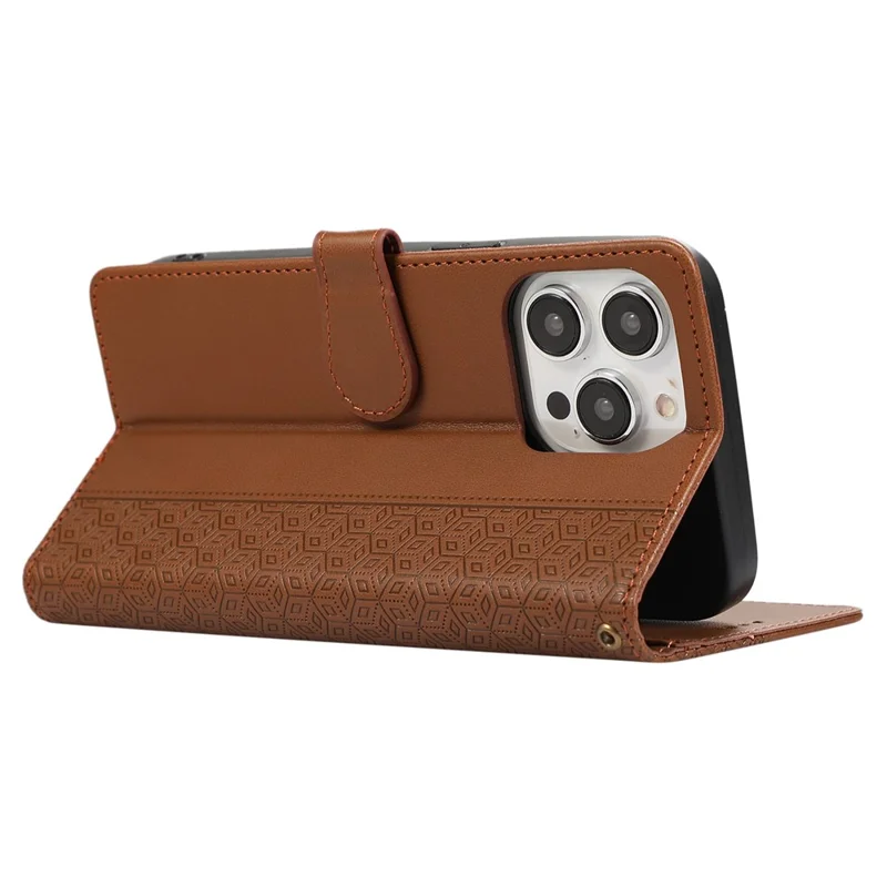 R20 for iPhone 13 Pro Max Leather Case Splicing Imprinted Rhombus Phone Wallet Anti-scratch Cover - Brown