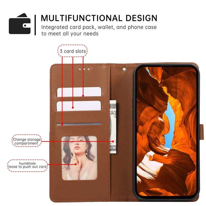 R20 for iPhone 13 Pro Max Leather Case Splicing Imprinted Rhombus Phone Wallet Anti-scratch Cover - Brown