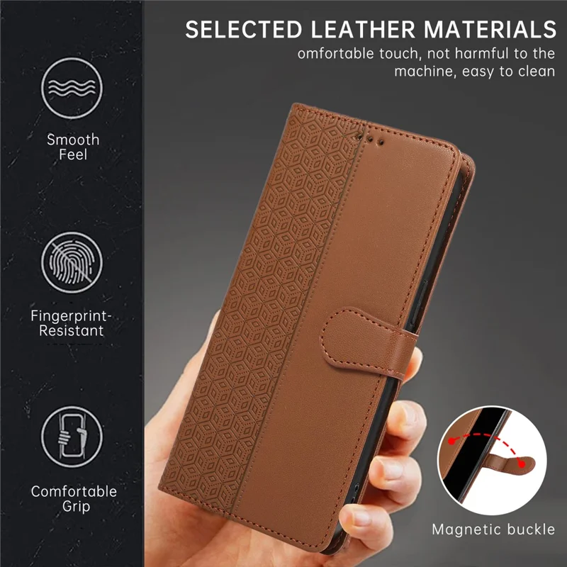 R20 for iPhone 13 Pro Max Leather Case Splicing Imprinted Rhombus Phone Wallet Anti-scratch Cover - Brown