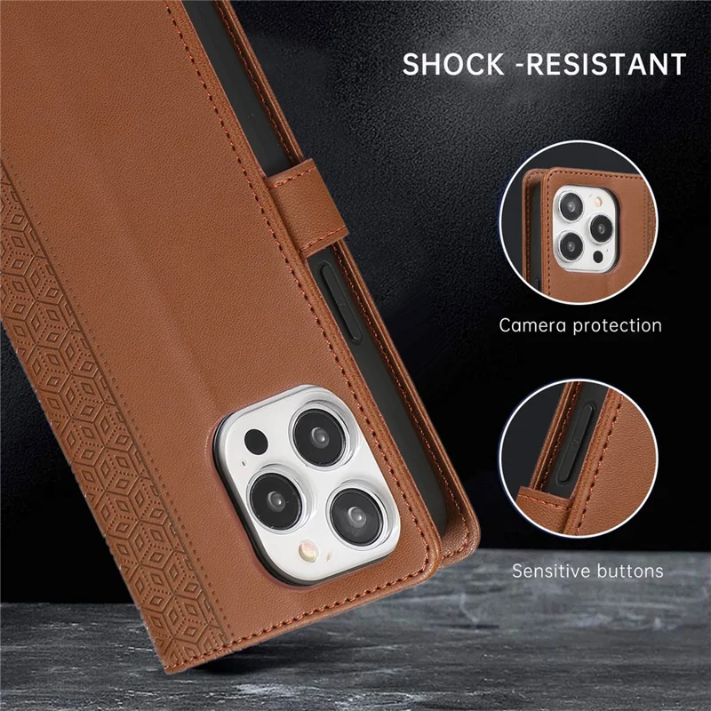 R20 for iPhone 13 Pro Max Leather Case Splicing Imprinted Rhombus Phone Wallet Anti-scratch Cover - Brown