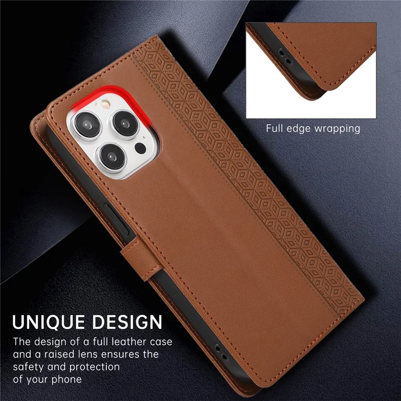 R20 for iPhone 13 Pro Max Leather Case Splicing Imprinted Rhombus Phone Wallet Anti-scratch Cover - Brown