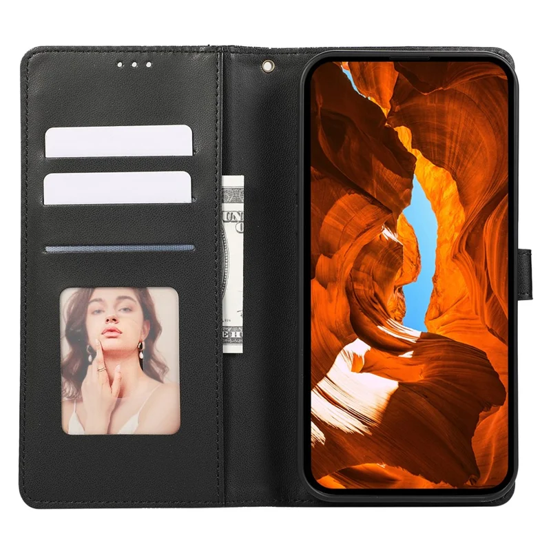 R20 för iPhone 13 Pro Max läderfodral med sammansatt intryckt rombformad plånboksdesign, skråställ, svart