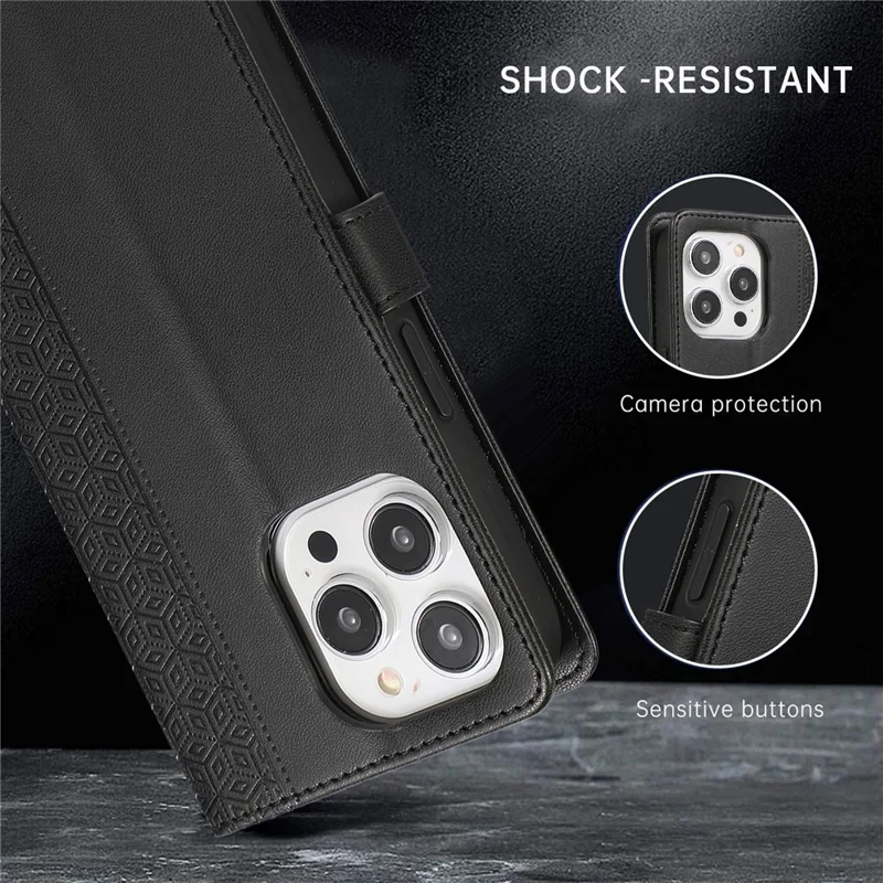 R20 för iPhone 13 Pro Max läderfodral med sammansatt intryckt rombformad plånboksdesign, skråställ, svart