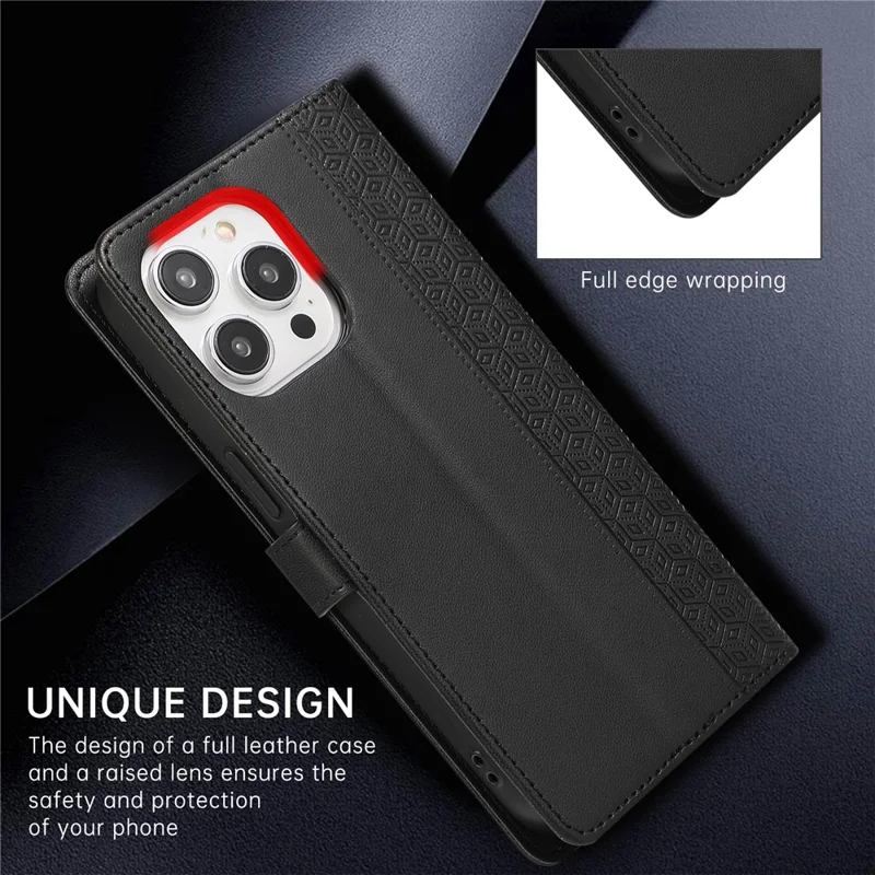 R20 för iPhone 13 Pro Max läderfodral med sammansatt intryckt rombformad plånboksdesign, skråställ, svart
