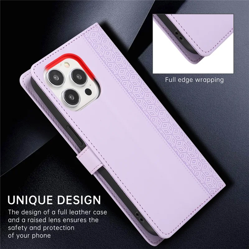 R20 for iPhone 12 Pro Max Case Anti-Scratch Splicing Imprinted Rhombus Leather Phone Cover - Purple