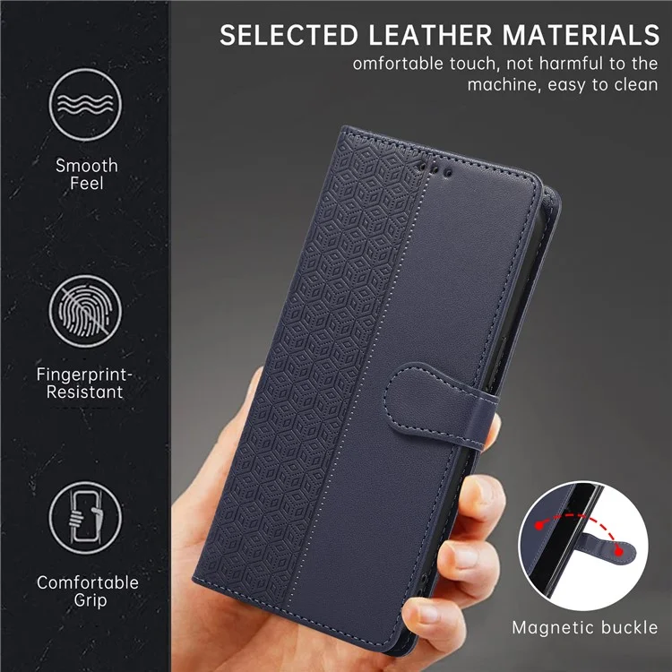 R20 for iPhone 12 Pro Max Case Anti-Scratch Splicing Imprinted Rhombus Leather Phone Cover - Blue