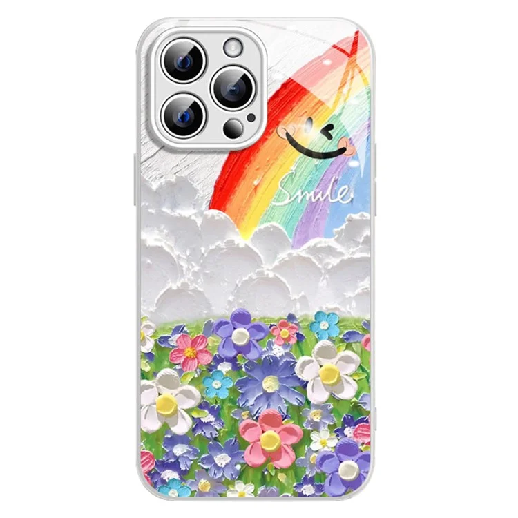 For iPhone 14 Pro Case Smile Rainbow Pattern TPU+Tempered Glass Slim Phone Cover - White