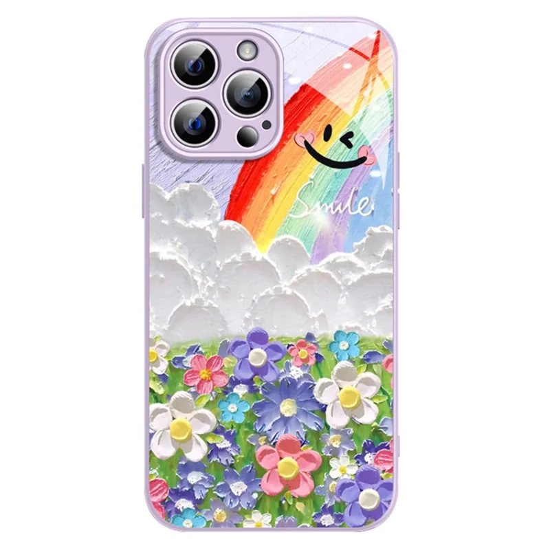 For iPhone 15 Pro Case Smile Rainbow Pattern Shockproof TPU+Tempered Glass Back Cover - Purple