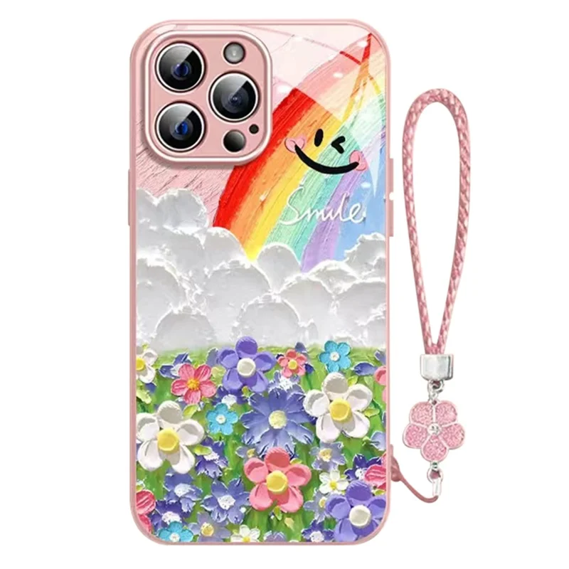 For iPhone 15 Pro Tempered Glass Case Smile Rainbow Pattern Phone Cover with Clover Hand Strap - Pink