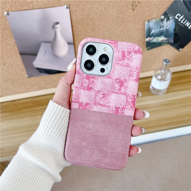 Per iPhone 14 Pro Custodia in pelle PU + PC Trama in denim e coccodrillo Splicing Retro - Rosa