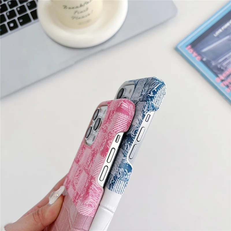 For iPhone 13 Pro 6.1 inch Case Denim Crocodile Texture Splicing Retro PU Leather+PC Phone Cover - Pink
