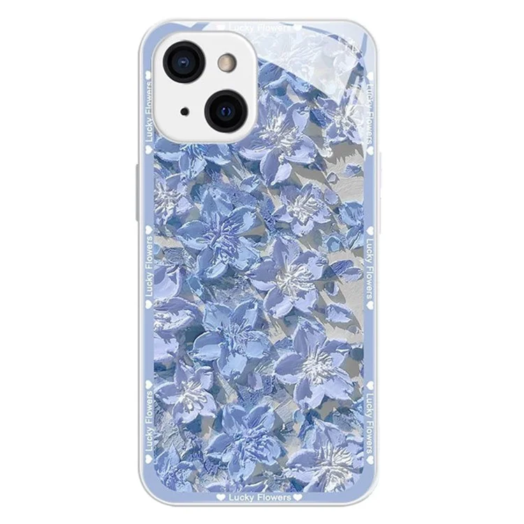 Para iPhone 15 Plus Floral Phone Case TPU Frame Tempered Glass Back Cover - Blue Flower / Silver White