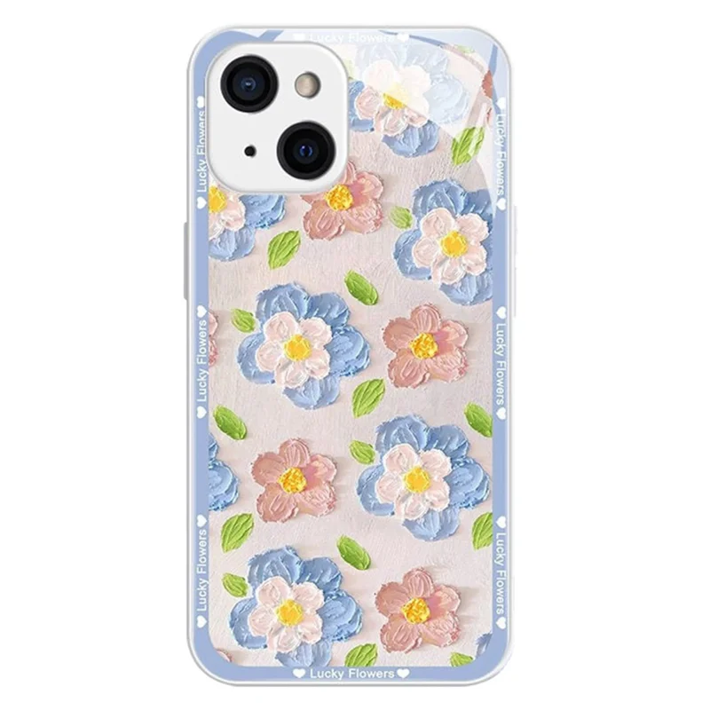 For iPhone 15 Plus Floral Phone Case TPU Frame Tempered Glass Back Cover - Blue Edge Pink Flower / Silver White