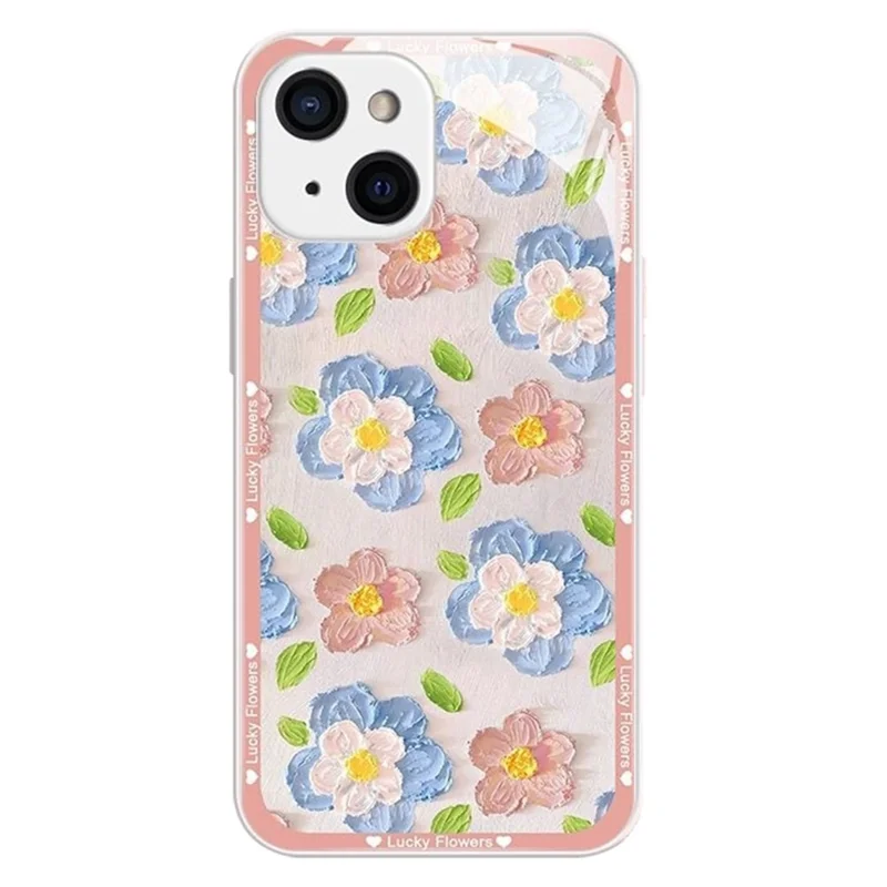 For iPhone 15 Plus Floral Phone Case TPU Frame Tempered Glass Back Cover - Pink Edge Blue Flower / Silver White