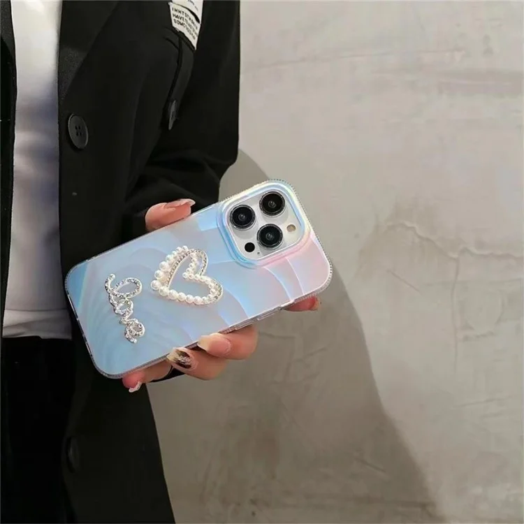 For iPhone 13 Pro Max Phone Case Stylish IMD Rhinestone Decor Acrylic+TPU Phone Cover - Hollow Heart