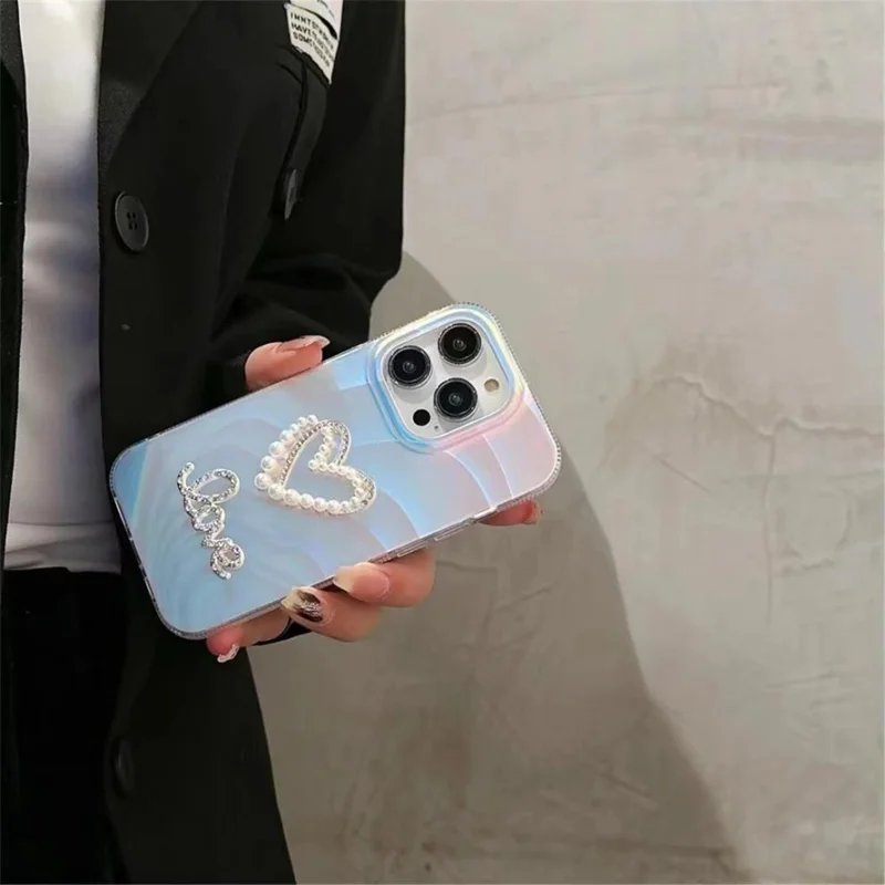 Per iPhone 13 Pro Slim-Fit Acrylic+TPU Phone Cover IMD Case con decorazione in Rhinestone - Cuore Cavo