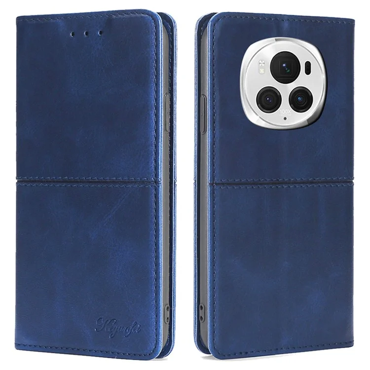 For Honor Magic6 Pro 5G Case Cowhide Texture Anti-Scratch Leather Phone Cover with Card Slots - Blue
