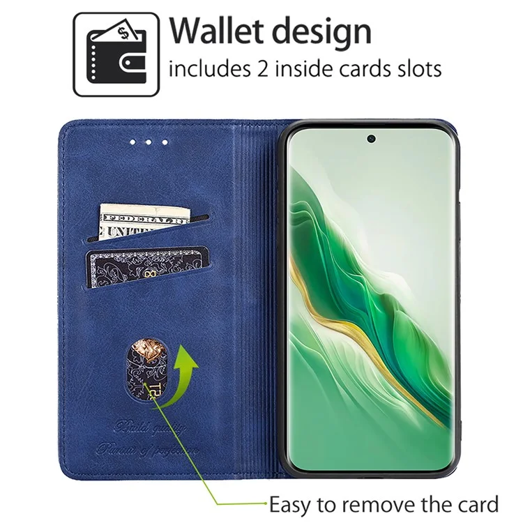 For Honor Magic6 Pro 5G Case Cowhide Texture Anti-Scratch Leather Phone Cover with Card Slots - Blue