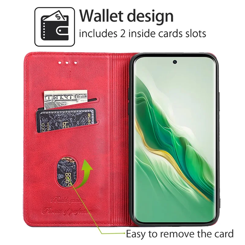 For Honor Magic6 Pro 5G Case Cowhide Texture Anti-Scratch Leather Phone Cover with Card Slots - Red